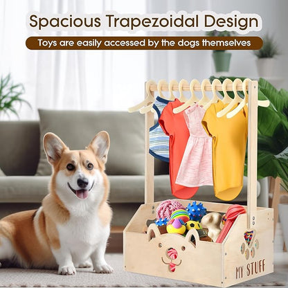 Chunful Dog Closet Wooden Pet Wardrobe Closet Dog Toy Storage Bin with Handle Pet Clothes Rack for Cat Organization and Storage Accessories, 19" x 13" x 9"