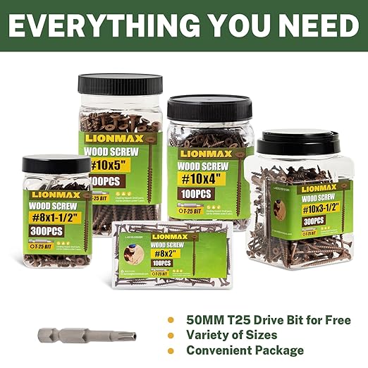 LIONMAX Wood Screws 4 Inch, Deck Screws #10 x 4, 100 PCS, Rust Resistant, Epoxy Coated, Exterior Wood Screw, Outdoor Decking Screws, Torx/Star Drive Head, T25 Star Bit Included, Brown