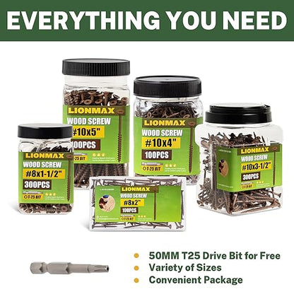 LIONMAX Wood Screws 3-1/2 Inch, Deck Screws #10 x 3-1/2", 100 PCS, Rust Resistant, Epoxy Coated, Exterior Wood Screw, Outdoor Decking Screws, Torx/Star Drive Head, T25 Star Bit Included, Brown