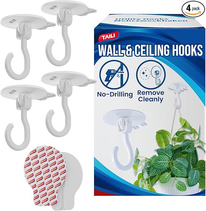 TAILI Adhesive Removable Wall & Ceiling Hooks for Hanging Plants, Heavy Duty No-Drill 360° Swivel Adjustable Sticky Wall Hooks Hanging Decor Lights Garland for Door Kitchen, Renter Friendly - 4 Pack
