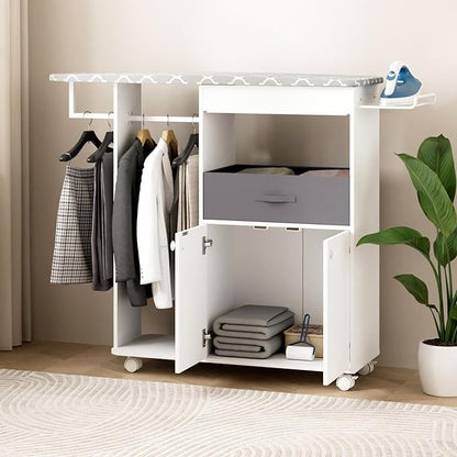 Rolling Ironing Board with Storage Cabinet, Wooden Ironing Board Cabinet with Drawer, Compact Space-Saving Ironing Table with Iron Rest Rack for Laundry Room, Living Room (One Size, Curvilinear)