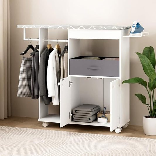 Rolling Ironing Board with Storage Cabinet, Wooden Ironing Board Cabinet with Drawer, Compact Space-Saving Ironing Table with Iron Rest Rack for Laundry Room, Living Room (One Size, Curvilinear)