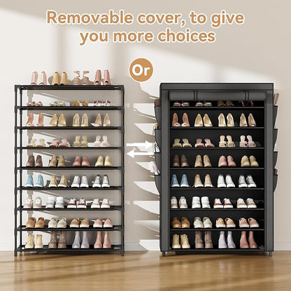 Shoe Rack with Cover, 8 Tier Tall Shoe Organizer Storage for 36-45 Pair Shoes and Boots Large Shoe Storage Shelf Free Standing Shoe Rack for Closet, Front Door Entrance, Dorm, Garage