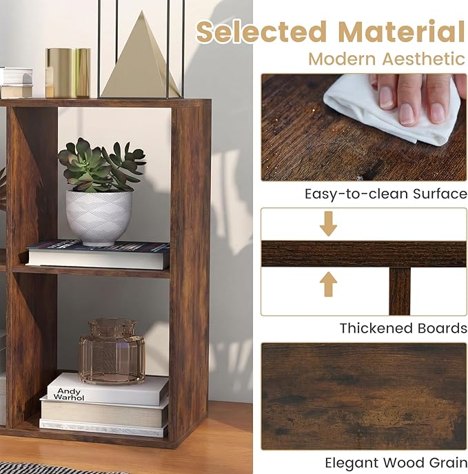 Giantex 6-Cube Bookcase, Cubby Bookshelf w/Back Guardrail & Anti-Tipping Kits, 9-Tier Freestanding Storage Organizer with Shelves, Open Back Display Rack for Living Room, Bedroom, Study, Rustic Brown