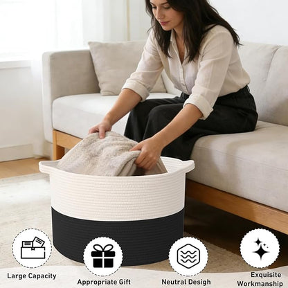 65L Large Blanket Basket,19.7" L x 19.7" W x 13" H Rope Woven Baskets with Handles, Toys Storage Bins,Laundry Basket Perfect for Living Room, Nursery,Bedroom,Home Organization,White&Black