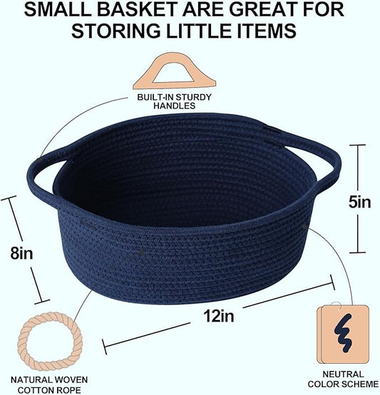 Small Woven Gift Basket, Baskets for Gifts Empty, Cotton Rope Cat Dog Toy Bin Box, Nursery Baby Basket, Wicker Basket with Handles, Shelf Storage Basket for Home Decor, Blue, 12"x 8"x 5"
