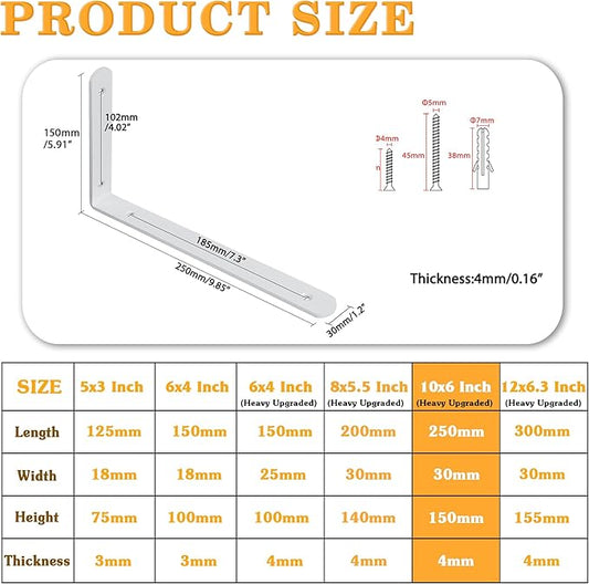 Alise Floating Shelf Brackets,White Bracket for Shelves Heavy Duty L Wall Bracket Corner Brace,Stainless Steel Joint Angle Brackets for Wooden Board Hanging Support,10x6x1.2 Inch Upgraded(Pack of 4)