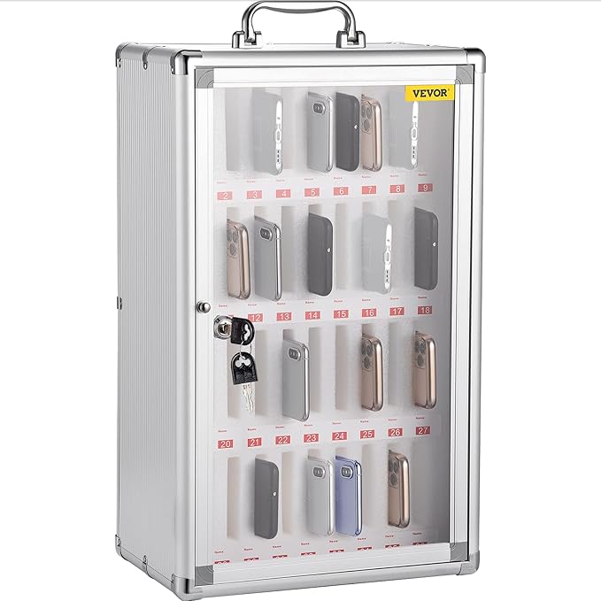VEVOR 36-Slot Cell Phone Locker – Silver Aluminum with Key Lock Portable Handle, Handwritten Tags, and Wall-Mount for Offices, Classrooms, Gyms