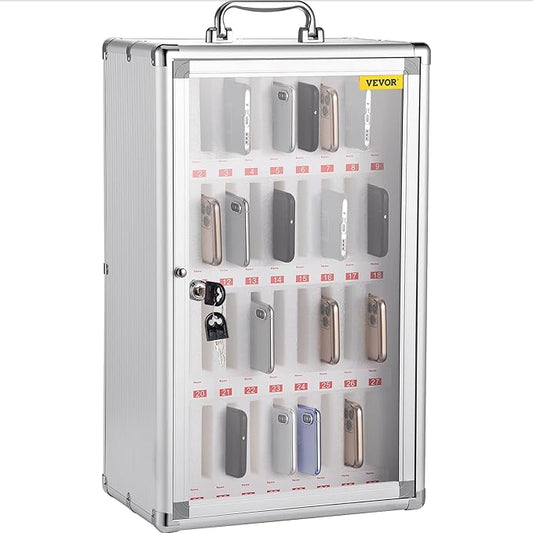 VEVOR 36-Slot Cell Phone Locker – Silver Aluminum with Key Lock Portable Handle, Handwritten Tags, and Wall-Mount for Offices, Classrooms, Gyms