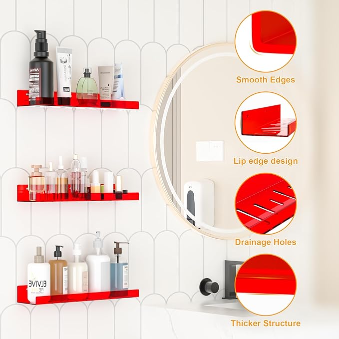 2 Pack Floating Shelves–15'' Red Acrylic/PET Wall-Mounted No Drill Storage with Adhesive, Bathroom & Bedroom Shelving for Kitchen, Living Room, Home Decor