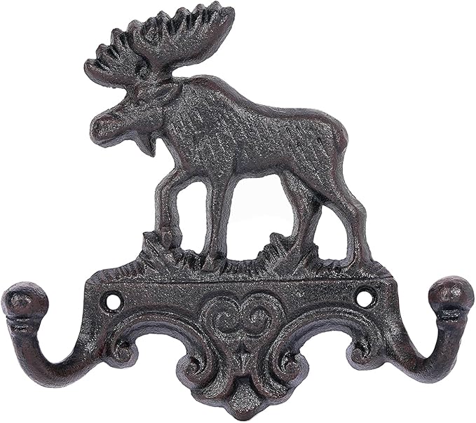 Sungmor Cast Iron Moose Wall Hook - Rustic Animal Coat Hanger for Cabin, Lodge, or Farmhouse Decor - Heavy Duty Double Hooks for Keys, Hats, Towels - Vintage Antler Wall Mount Hanger