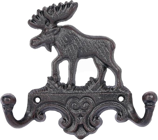 Sungmor Cast Iron Moose Wall Hook - Rustic Animal Coat Hanger for Cabin, Lodge, or Farmhouse Decor - Heavy Duty Double Hooks for Keys, Hats, Towels - Vintage Antler Wall Mount Hanger
