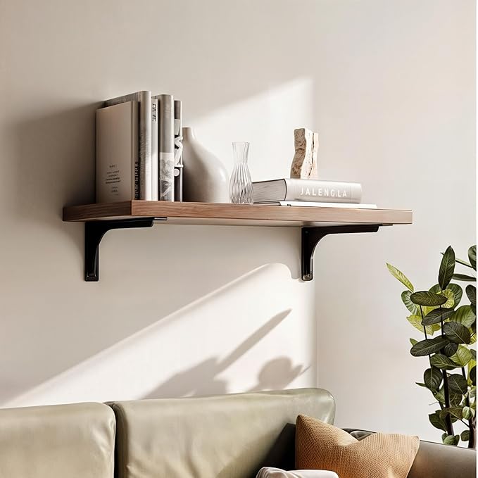 BATODA 16” Shelf Brackets with Beam (4pcs) - L Shelf Brackets Black - Hook Brackets for Floating Shelves - Wall Mounted Support for DIY Open Shelving – Mounting Hardware Included (Pack 4) (4, 16 Inch)