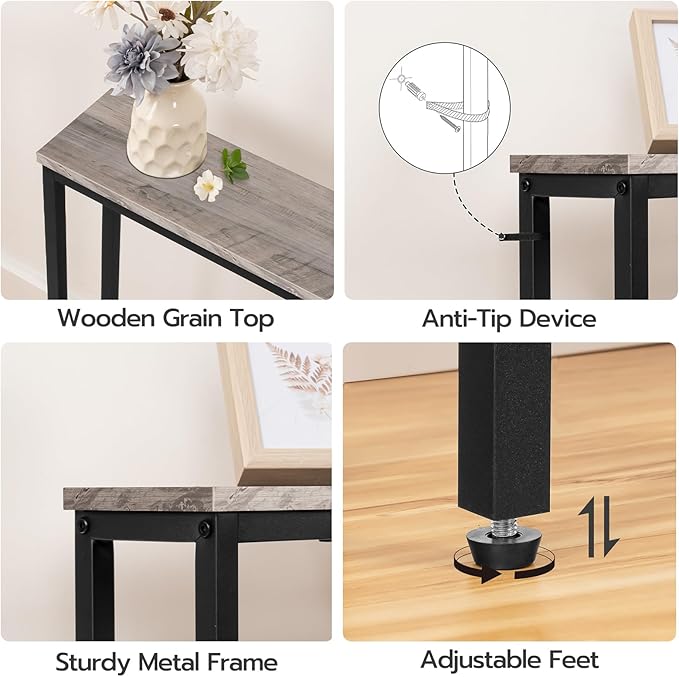 HOOBRO 63" Narrow Console Table with Charging Station, 5.9" Sofa Table with 2 Power Outlets and USB Ports, Long Entryway Tables Behind Couch Table, for Hallway, Livingroom, Greige BG165UXG01