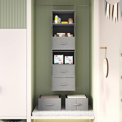 Vailando 6-Tier Hanging Shelves for Closet, Two 3-Shelf Hanging Closet Organizer w/ 4 Side Pockets and 3 Drawers, Combinable for Dorm Wardrobe Organizer and RV Storage and Organization