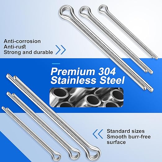 250PCS Cotter Pin Assortment Kit, 12 Sizes, 304 Stainless Steel, Hardware Pins for Trailer, Truck, Tractor, Automotive, Hitch and Locking Systems