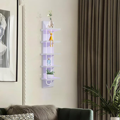 5 Tier Wall Shelf Unit with Light-Small Floating Shelves for Home Decor, Modern Unique Asymmetric Design for Bedroom & Living Room Storage