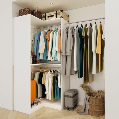 Corner Closet System with 3 Hanging Rods, 30.8”-70.2” L Shaped Freestanding Closet Organizer for Walkin Closet, Corner Wardrobe, White