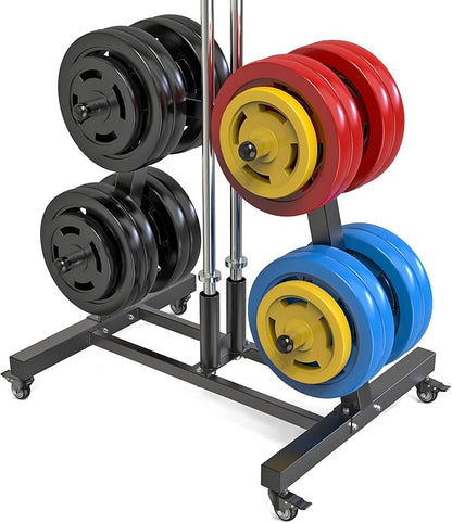 SELEWARE Olympic Weight Plate Tree Rack with 8 Weight Pegs & 2 Barbell Holders, Heavy-Duty Steel Gym Storage Organizer with Locking Wheels for 2 Inch Olympic Plates & Bars
