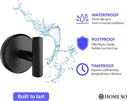 HOME SO Suction Cup Hooks for Shower & Bathroom Towel Holder 2-Pack – Suction Cups Hooks for Hanging Towels, Robes, & Coats - Tiles, Glass Door or Mirror – Shower Hooks & Towel Hooks - Black T-Shape