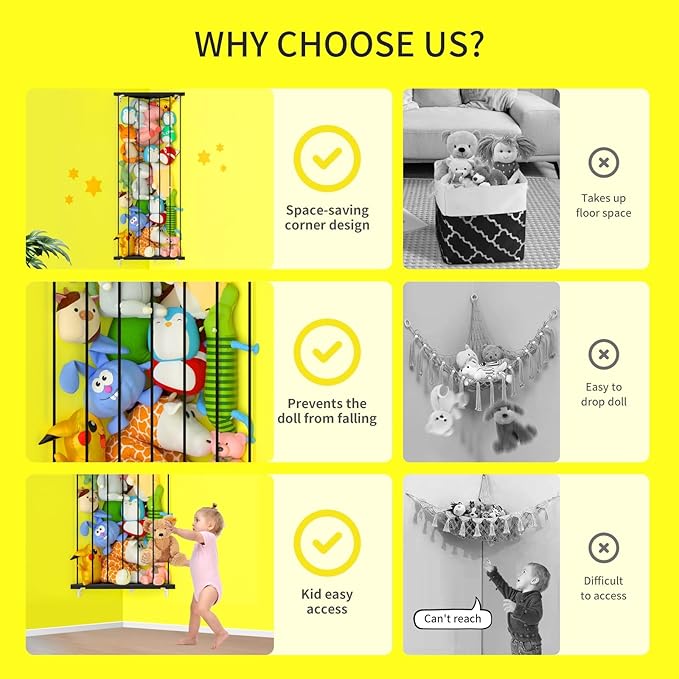 Stuffed Animal Storage Shelf Organizer(Patented) - Corner Stuffed Animal Holder Length Adjustable - Wall Plush Storage for Nursery Playroom Bedroom Kids Room (Black+Light, Standard)
