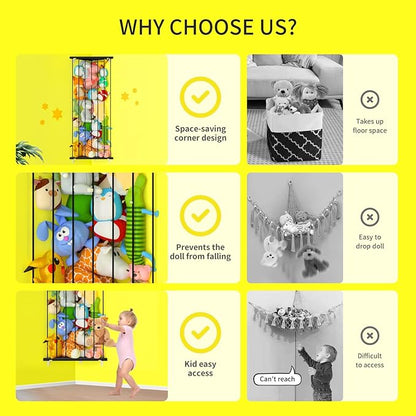 Stuffed Animal Storage Shelf Organizer(Patented) - Corner Stuffed Animal Holder Length Adjustable - Wall Plush Storage for Nursery Playroom Bedroom Kids Room (Black+Light, Standard)