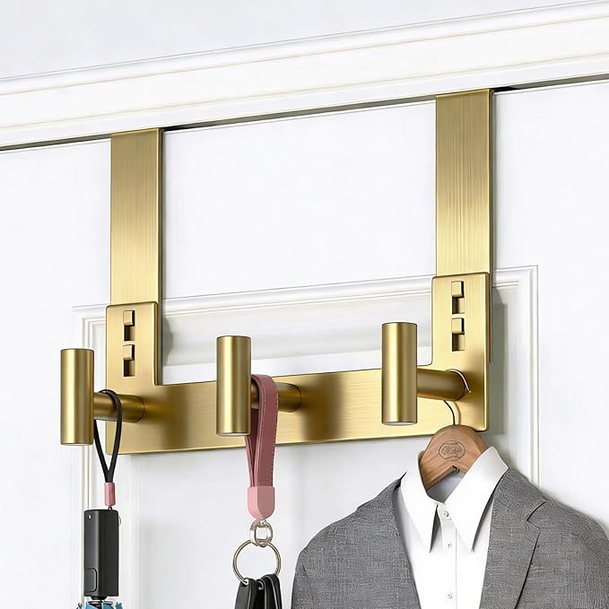 PMMASTO Over The Door Hooks, Fits 1-3/4" Thick Door No Drill Hooks for Closet Bathroom Bedroom Organization, Hanger for Coat Towel Robe (Gold, 3 T-Hooks)