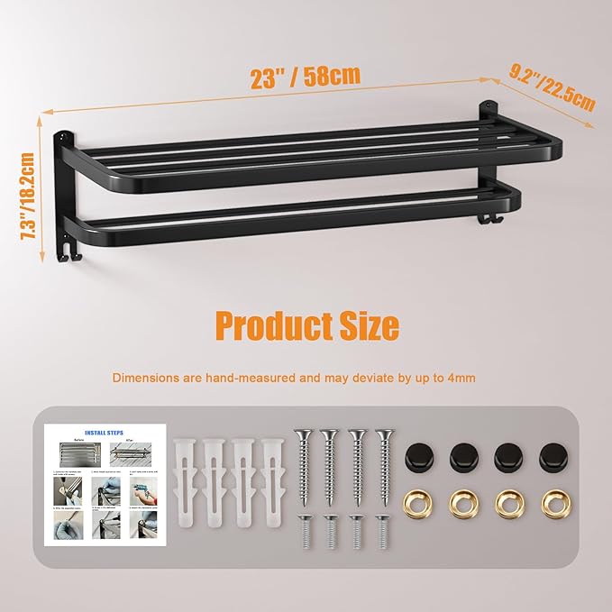 DDS-DUDES 23 Inch Bathroom Towel Rack Towel Shelf with Double Towel Bars Lavatory Wall Mount Holder with Hooks Stainless Steel Hotel Bath Rack (Matte Black)