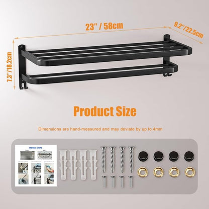 DDS-DUDES 23 Inch Bathroom Towel Rack Towel Shelf with Double Towel Bars Lavatory Wall Mount Holder with Hooks Stainless Steel Hotel Bath Rack (Matte Black)