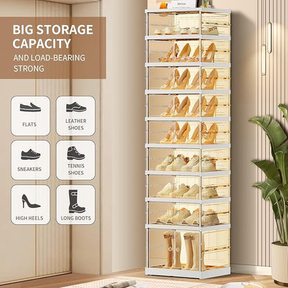 9-Tier Foldable Shoe Rack for Closet Entryway 9-18Pairs,Stackable Clear Shoe Storage Boxes Organizer with Door Plastic Small Shoe Cabinet Bins with Lids Narrow Shoe Shelf Easy Assembly