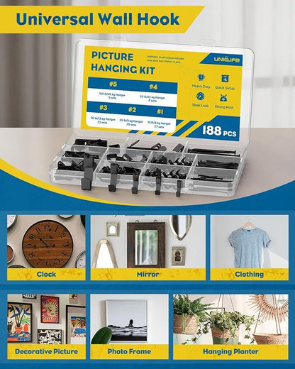 Uniclife 188 Pcs Picture Hanging Kit, 10 lb, 20 lb, 30 lb, 50 lb, 100 lb Heavy Duty Picture Hangers for Drywall & Wood, Picture Hanging Hooks, Frame Hooks for Hanging Photos Mirrors Paintings, Black