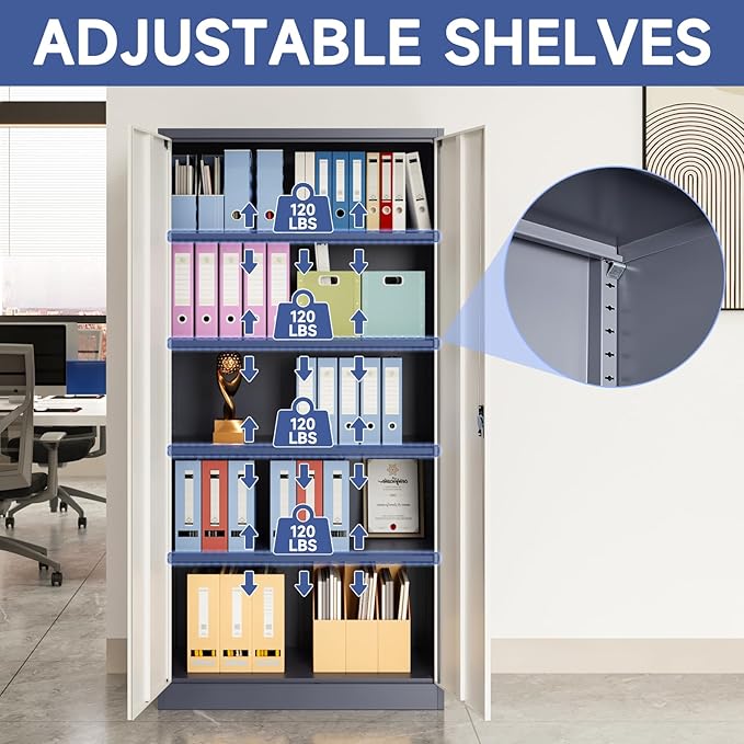 Metal Storage Cabinet with 2 Doors and 4 Adjustable Shelves, 71" Steel Garage Storage Cabinet, Locking Tool Cabinets for Office, Home,School,Kitchen,Garage Tool Utility Cabinet