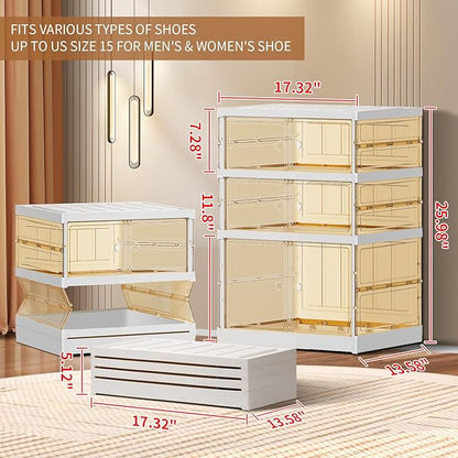 3-Tier Foldable Shoe Rack for Closet Entryway 3-6Pairs,Stackable Clear Shoe Storage Boxes Organizer with Door Plastic Small Shoe Cabinet Bins with Lids Narrow Shoe Shelf Easy Assembly