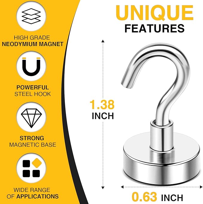 DIYMAG Magnetic Hooks for Refrigerator, Extra Strong Cruise Hook, Heavy Duty Earth Magnets with Hook for Hanging, Magnetic Hanger for Cabins, Grill (45P-Silver)
