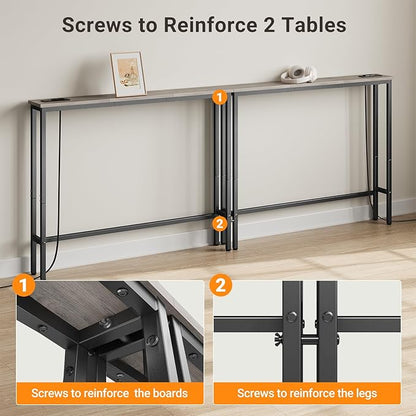 ELYKEN 5.9" Narrow Console Sofa Table with Power Outlets, Total 78.8” Long Behind Couch Table with Charge Station and 5.9’ Extension Cord for Living Room, 5.9" D x 78.8”W x 29.5”H, Gray
