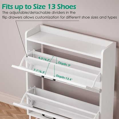 Betterhood Entryway Shoe Cabinet with 2 Flip Drawers, Slim Shoe Rack Cabinet, Freestanding Hidden Shoe Organizer Cabinet with Metal Legs, Shoe Cabniet for Entryway with Storage, Hallway, Foyer, White