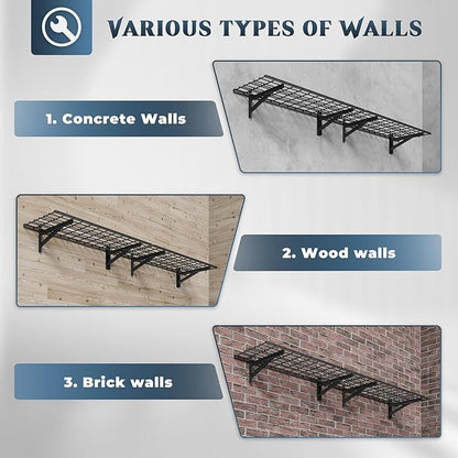2 Pack Heavy Duty Garage Wall Shelving Set (1.5x4ft), Wall Mounted Garage Shelves 700lbs Capacity, 18"x48" Shelf Storage Rack Floating Shelves, Black
