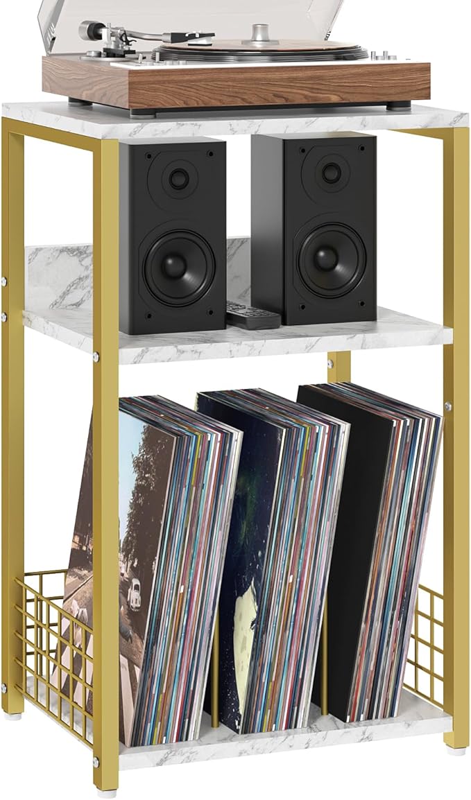 LELELINKY Large White Marble Record Player Stand with Golden Metal Frame, 3 Tier 18" Wide Big End Table with Vinyl Storage Up to 130 Albums, Industrial Turntable Printer Tables for Living Room, Office