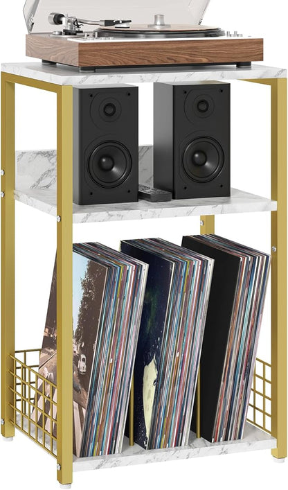 LELELINKY Large White Marble Record Player Stand with Golden Metal Frame, 3 Tier 18" Wide Big End Table with Vinyl Storage Up to 130 Albums, Industrial Turntable Printer Tables for Living Room, Office
