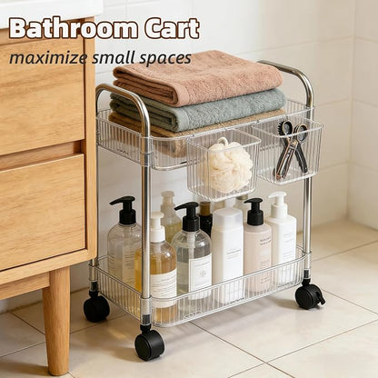 2 Tier Utility Rolling Cart with Wheels Sofa Side Table Small Under Desk Storage Organizer Plastic Mobile Trolley Organization Storage Cart for Kitchen Pantry Bathroom, Transparent