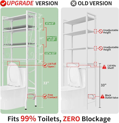 Over-The-Toilet Storage Rack 4-Tier,Bathroom Organizer Shelf Over Toilet,Adjustable Wooden Shelves and Basket,Freestanding Above Toilet Shelve,Space Saver for Rooms(White Rack-White Shelves)