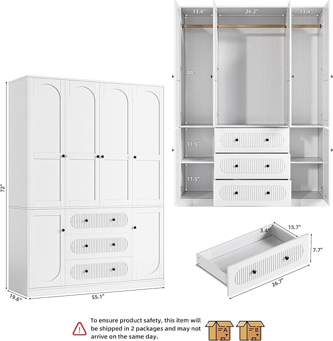 4 Doors Freestanding Armoire Wardrobe Closet, 72" White Wardrobe Armoire Wooden Closet Large Capacity Storage with 3 Drawers & 3 Hanging Rod Shelves Clothes Organizer
