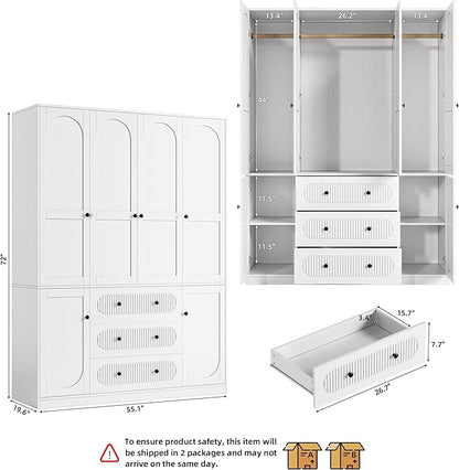 4 Doors Freestanding Armoire Wardrobe Closet, 72" White Wardrobe Armoire Wooden Closet Large Capacity Storage with 3 Drawers & 3 Hanging Rod Shelves Clothes Organizer