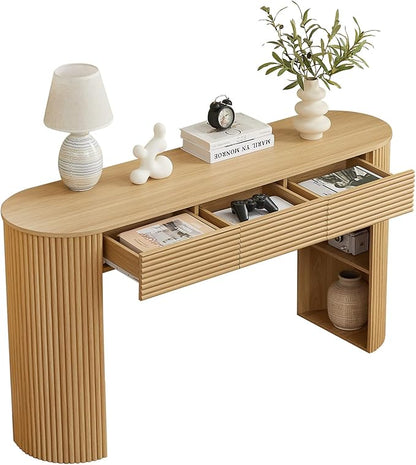 Retro Console Table with Storage, Rounded Console Table with 3 Drawers and 1 Table-Leg Niche, Round Slat Aesthetic for Entryway, Living Room, Hallway (Nature-X306)