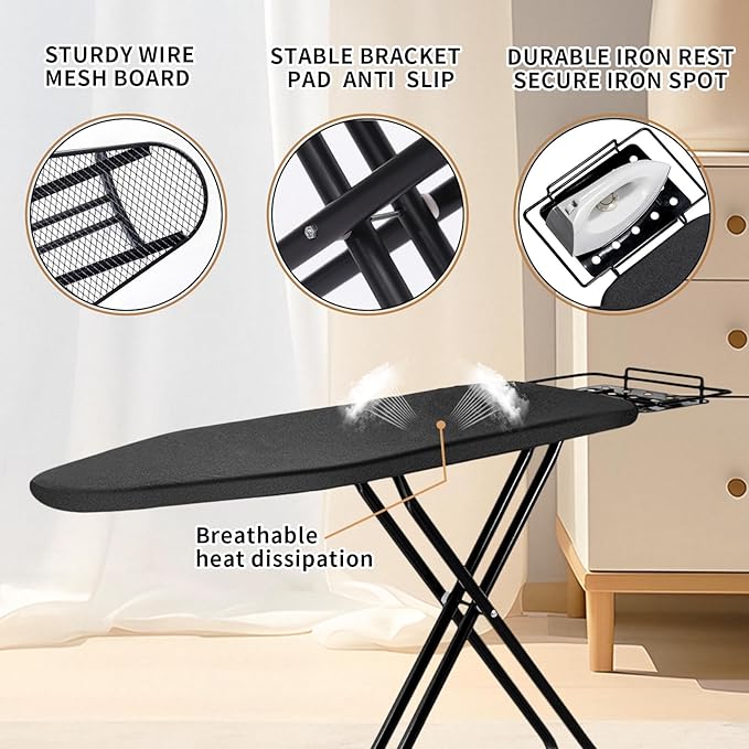 Ironing Board, 43x14 Inch Iron Board with Steam Rest, Heavy Duty Metal Frame Legs Ironing Table with Heat Resistant Cover Mat, Foldable Full Size Hanger Ironing Stand (Black, 52" L x 14" W x 34.6" H)