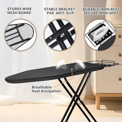 Ironing Board, 43x14 Inch Iron Board with Steam Rest, Heavy Duty Metal Frame Legs Ironing Table with Heat Resistant Cover Mat, Foldable Full Size Hanger Ironing Stand (Black, 52" L x 14" W x 34.6" H)