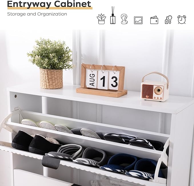 Shoe Cabinet Storage, Farmhouse Freestanding Organizer with 2 Flip Drawers and 4 Wooden feet, Narrow Shoe Rack Cabinet for Entryway, Foyer, Hallway, White
