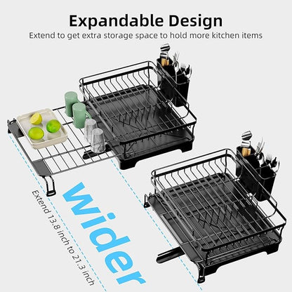 Dish Drying Rack, Extendable Dish Rack, Large Sink Drying Dish Drainer for Kitchen Counter, Carbon Steel Dish Strainer with Utensil Holder,Black