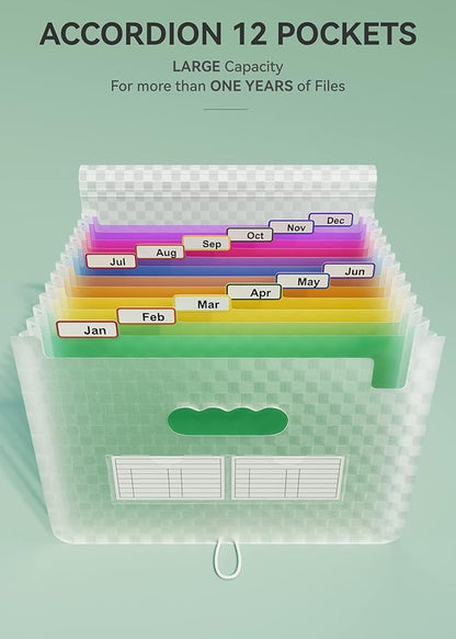 ABC life 12 Pockets Accordion File Organizer Expanding File Folders, Portable Monthly Bill Receipt Document Organiser, Expandable Accordian Filing Folder Letter A4 Size, Colored Tabs (Green)