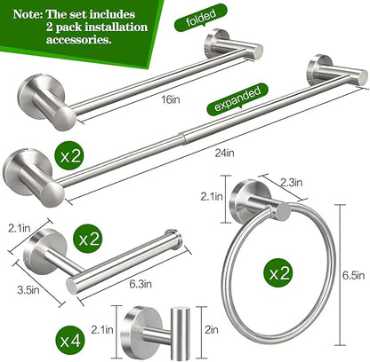 10pcs Brushed Nickel Bathroom Hardware Set, Including 2pcs 24in Retractable Hand Single Towel Bar with 2pcs Toilet Paper Holders, 2pcs Towel Rings 4pcs Multifunctional Robe Hooks